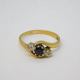 9ct Yellow Gold, Sapphire & Diamond Crossover Ring Vintage 1990 Birmingham