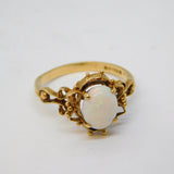 9ct Yellow Gold, Cabochon White Opal Set Floral Dress Ring Antique 1949 Deco