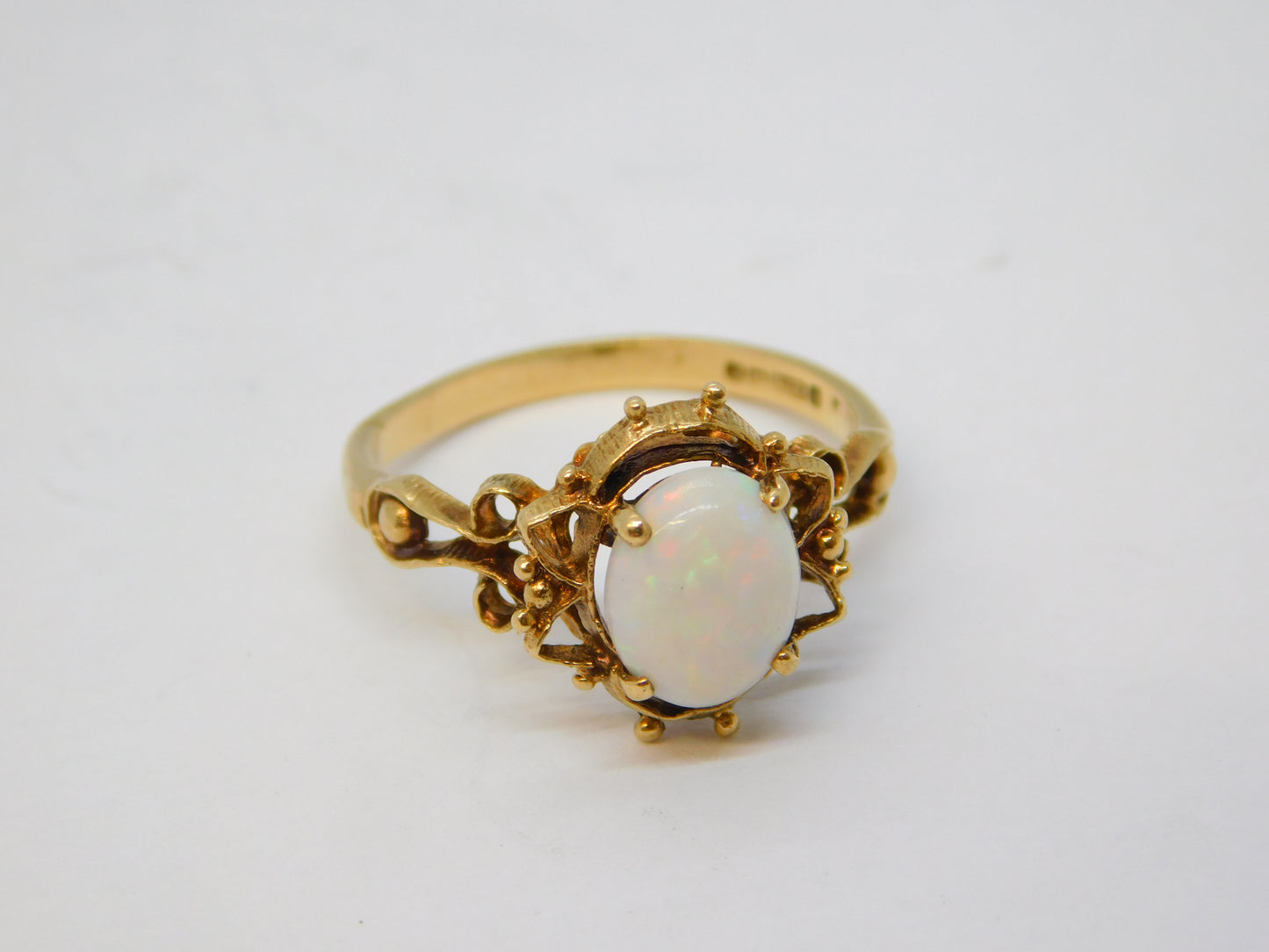 9ct Yellow Gold, Cabochon White Opal Set Floral Dress Ring Antique 1949 Deco