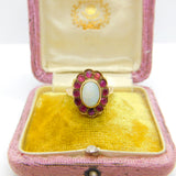 Victorian 14ct Gold, Cabochon Opal & Ruby Floral Ring c1860 Antique