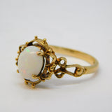 9ct Yellow Gold, Cabochon White Opal Set Floral Dress Ring Antique 1949 Deco
