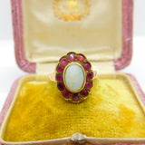 Victorian 14ct Gold, Cabochon Opal & Ruby Floral Ring c1860 Antique