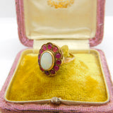 Victorian 14ct Gold, Cabochon Opal & Ruby Floral Ring c1860 Antique