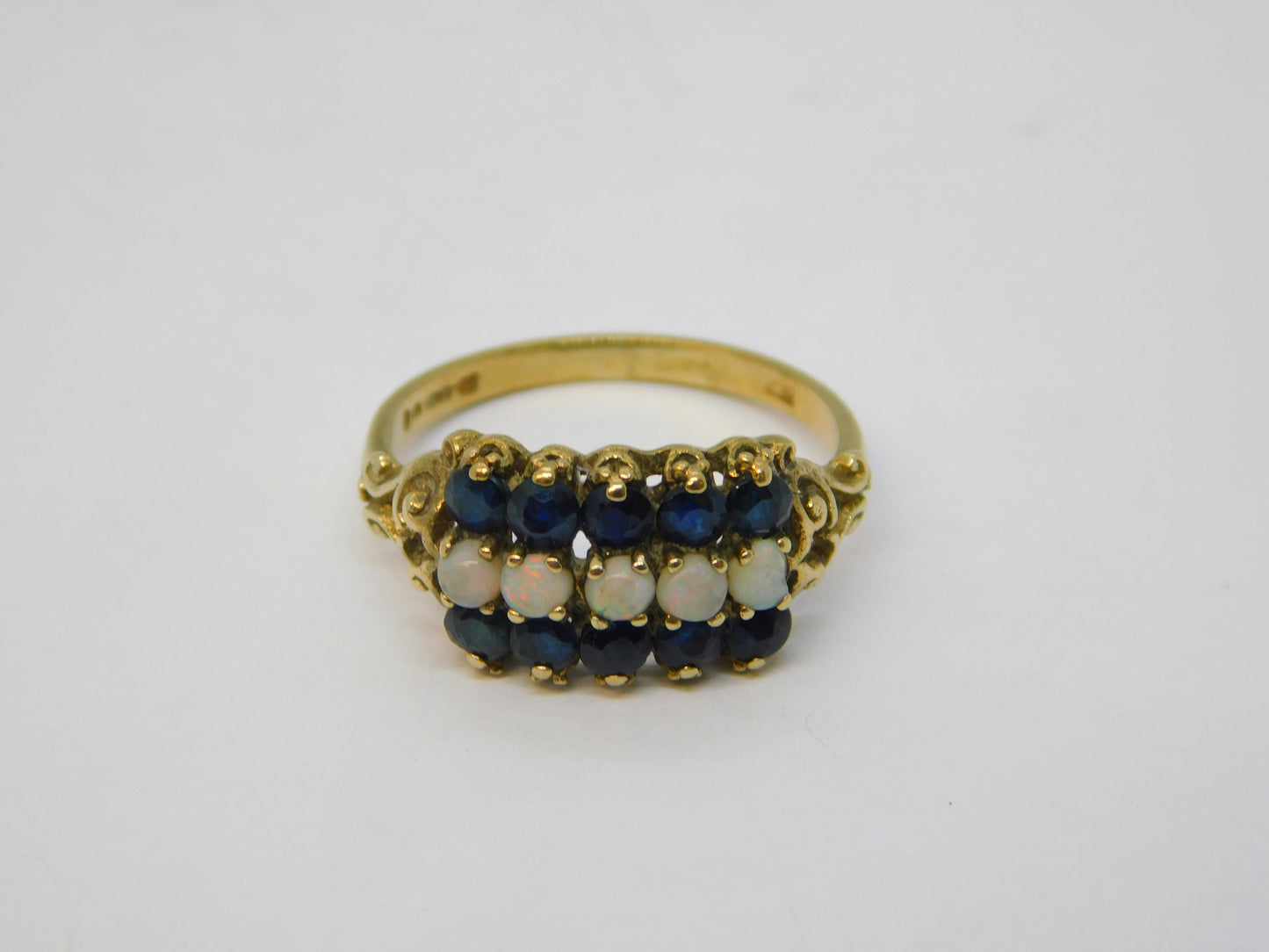 9ct Yellow Gold, Sapphire & Opal Three-Tier Dress Ring Vintage 1979 London