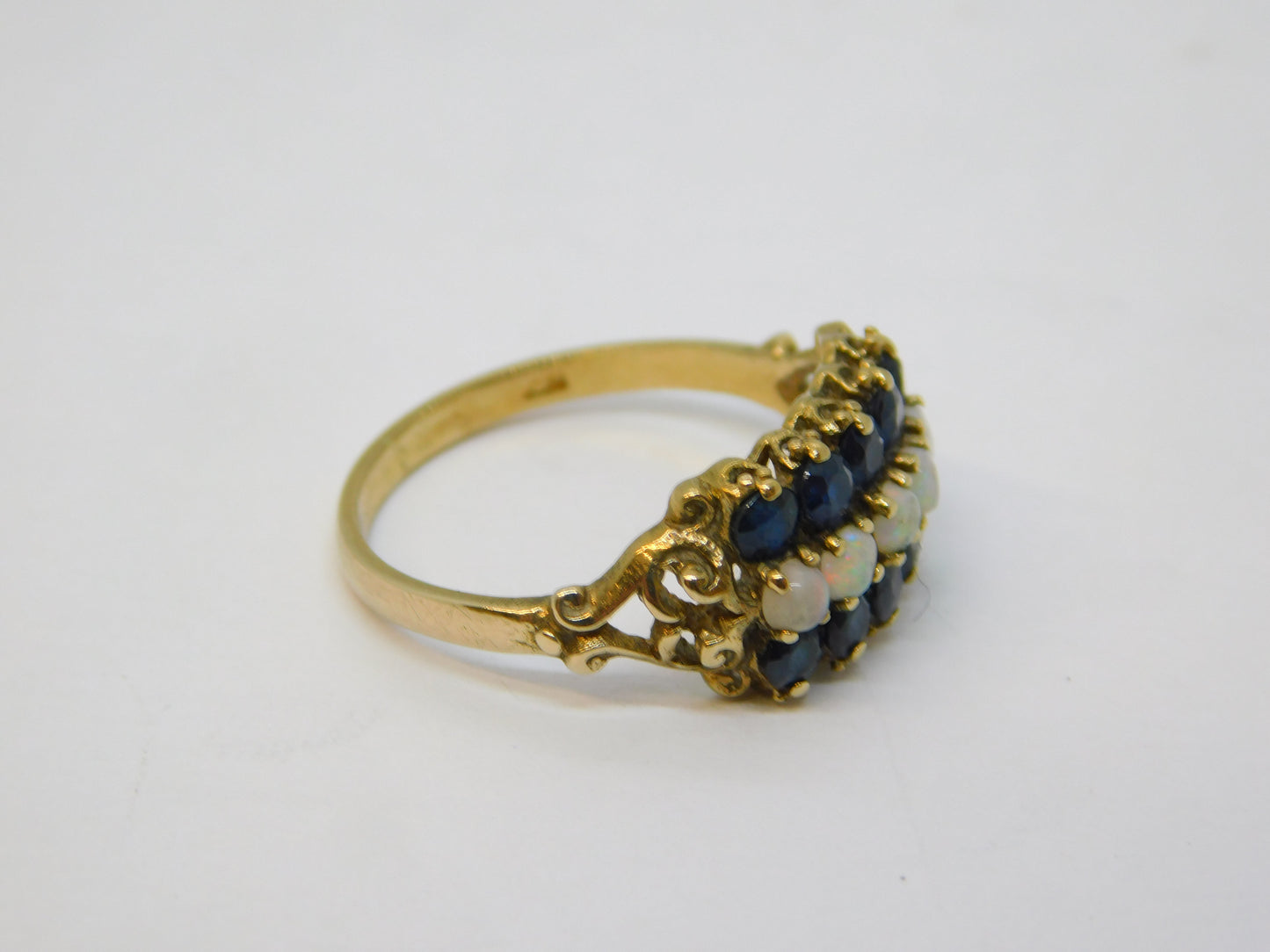 9ct Yellow Gold, Sapphire & Opal Three-Tier Dress Ring Vintage 1979 London