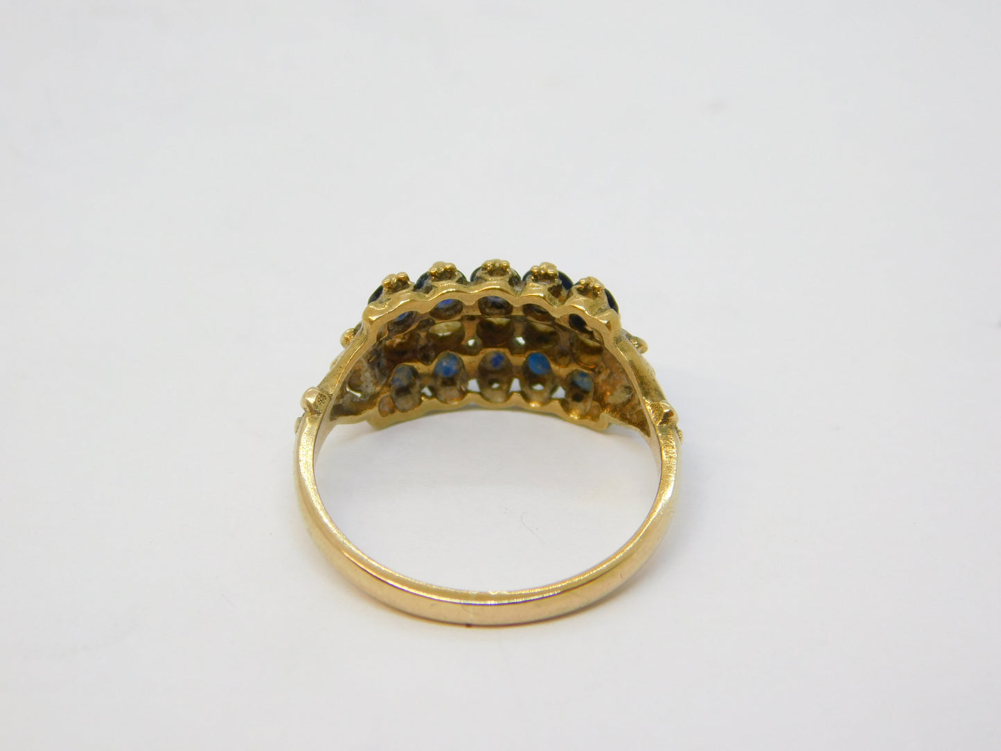 9ct Yellow Gold, Sapphire & Opal Three-Tier Dress Ring Vintage 1979 London