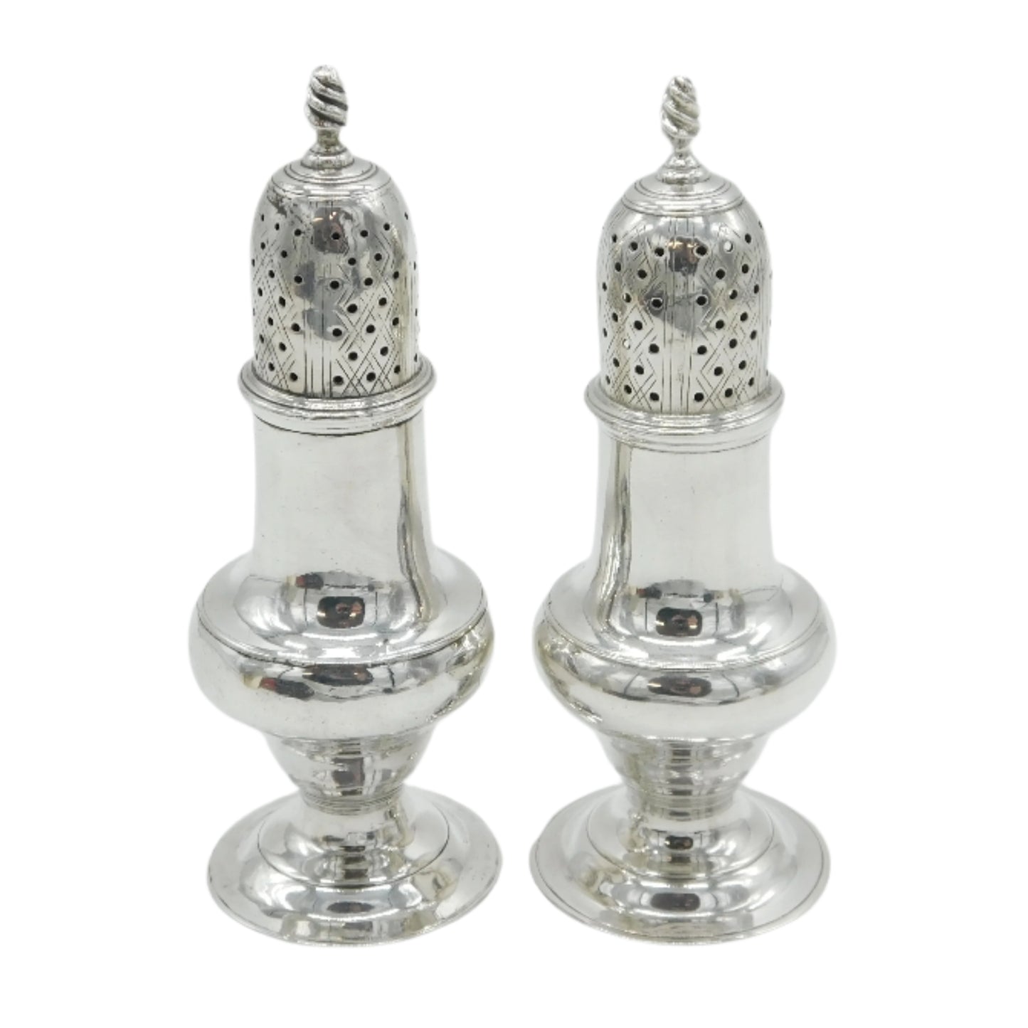 George III Pair of Sterling Silver Muffineer Sugar Casters Antique 1779 London