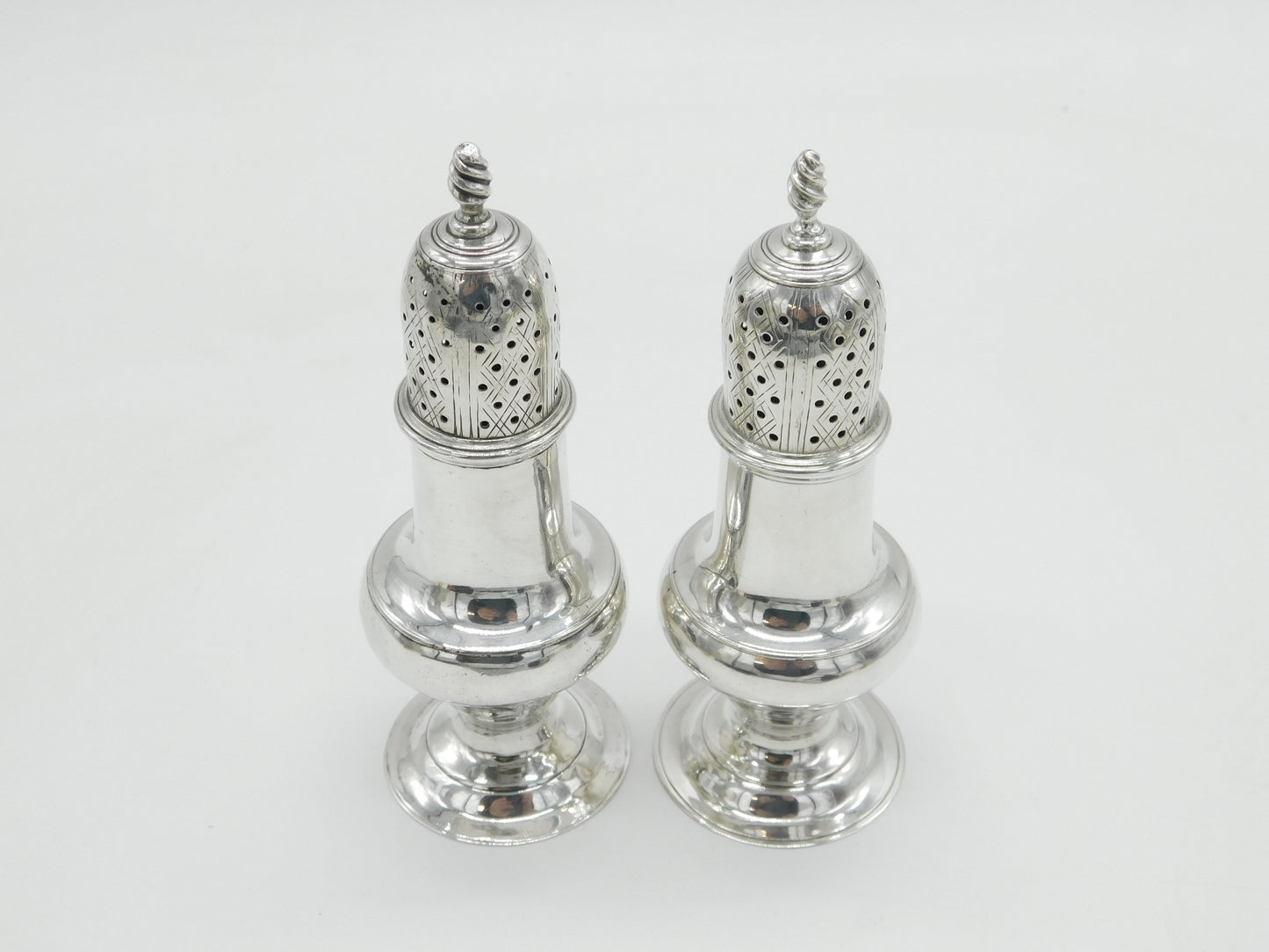 George III Pair of Sterling Silver Muffineer Sugar Casters Antique 1779 London