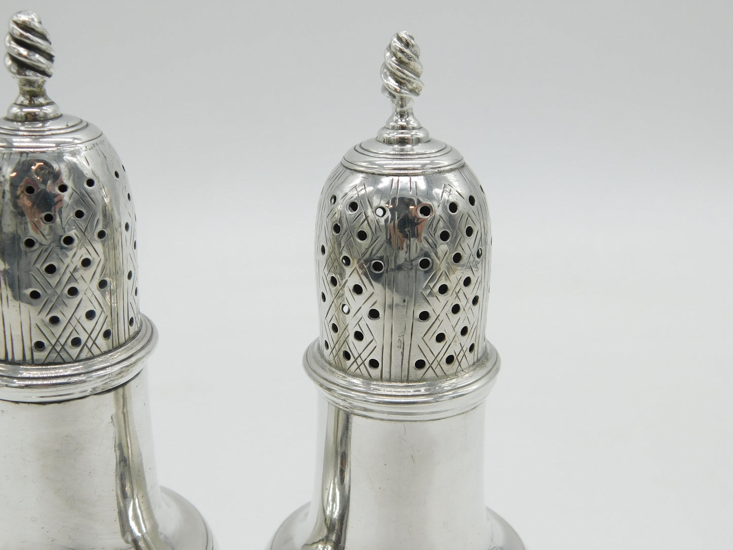 George III Pair of Sterling Silver Muffineer Sugar Casters Antique 1779 London
