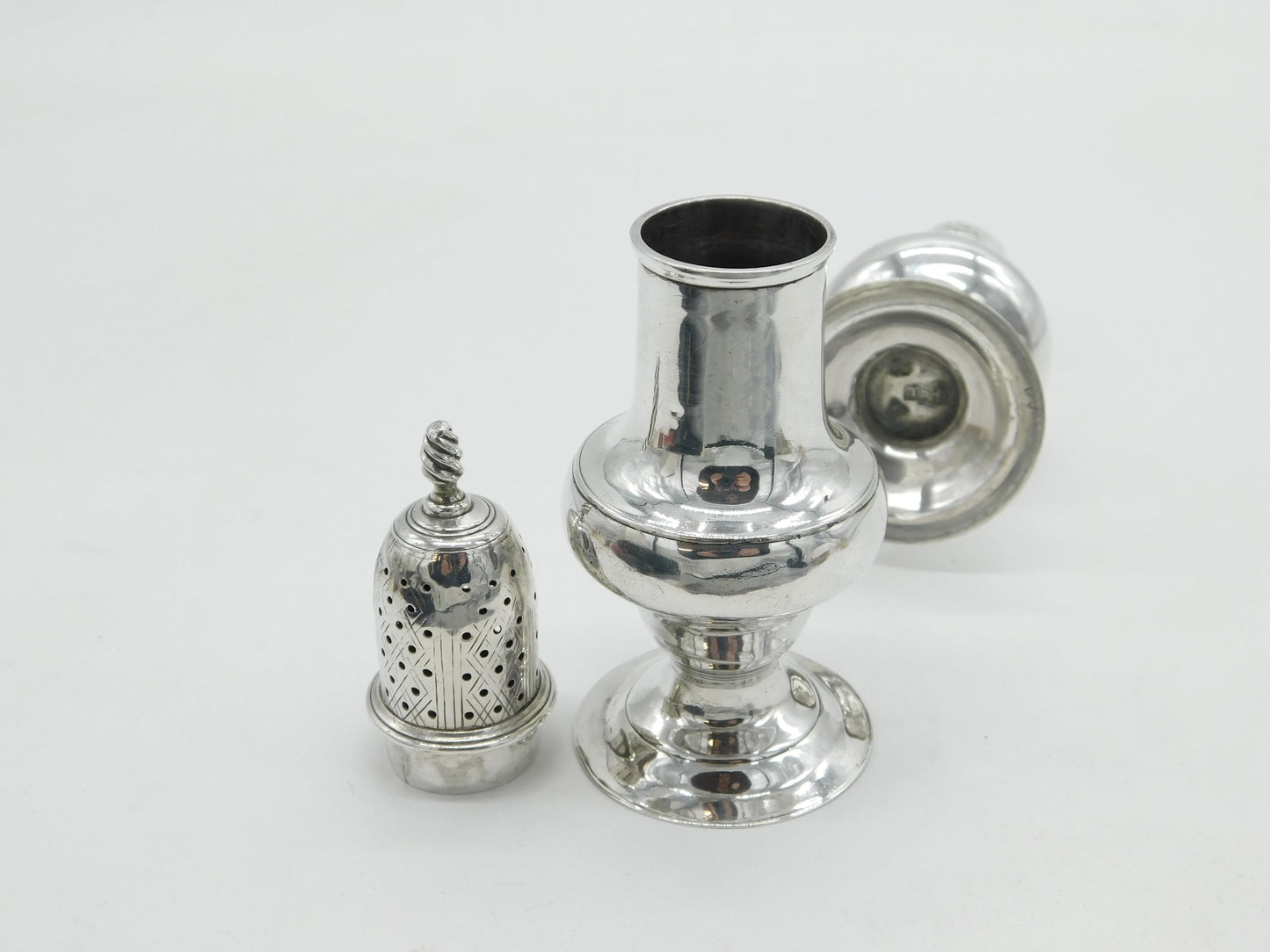 George III Pair of Sterling Silver Muffineer Sugar Casters Antique 1779 London