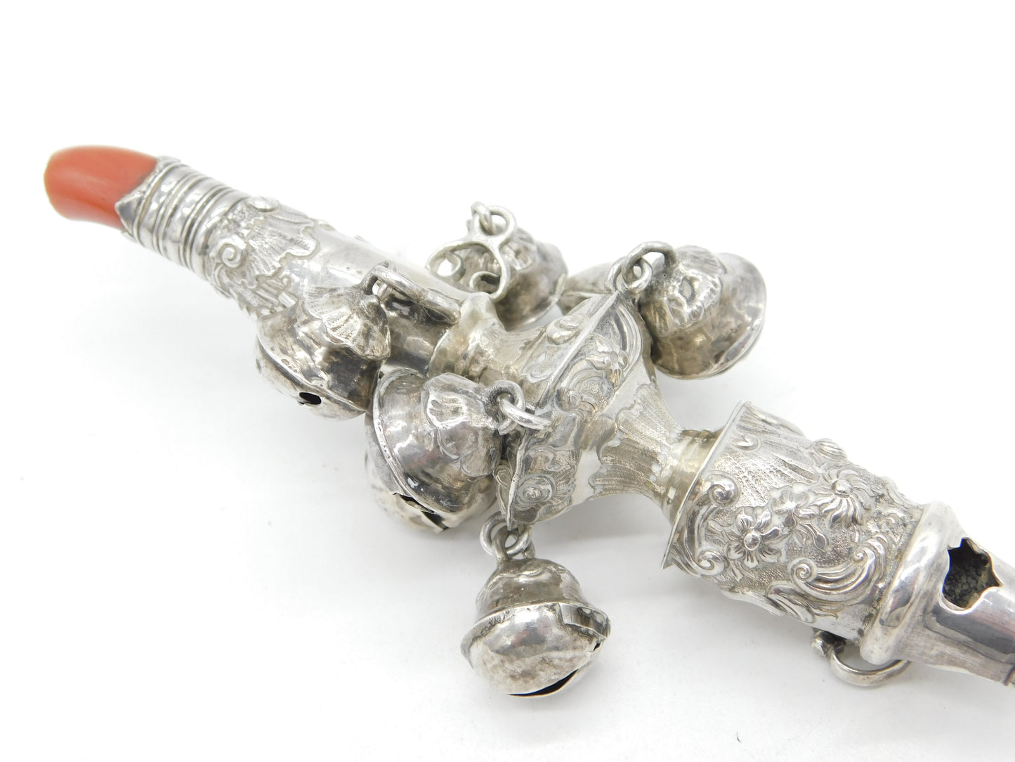 George III Sterling Silver & Coral Baby Bell Rattle Teether Antique c1800