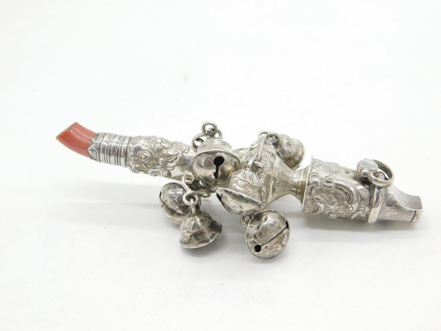 George III Sterling Silver & Coral Baby Bell Rattle Teether Antique c1800