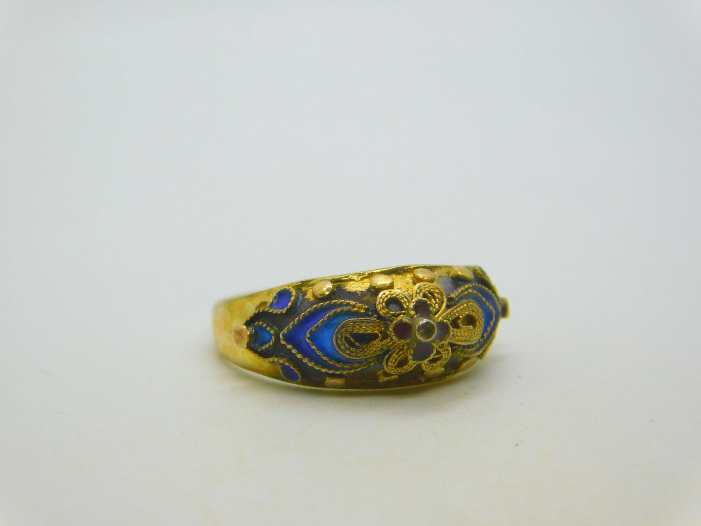 Chinese Sterling Silver Gilt & Enamel Floral Dress Ring Mid-Century c1950