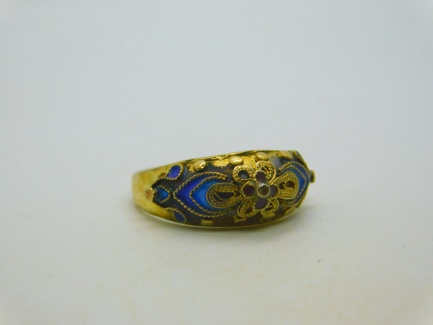 Chinese Sterling Silver Gilt & Enamel Floral Dress Ring Mid-Century c1950