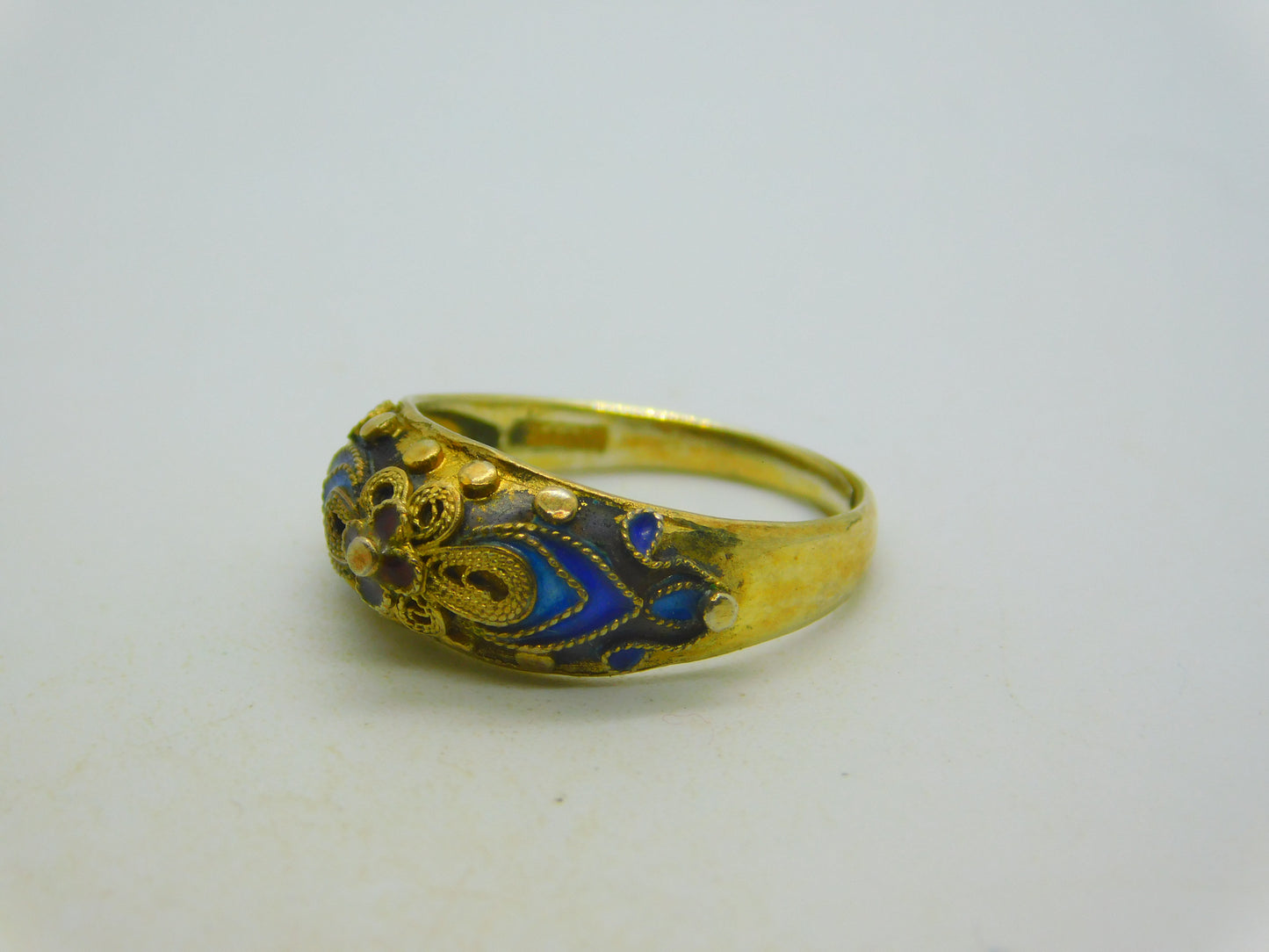 Chinese Sterling Silver Gilt & Enamel Floral Dress Ring Mid-Century c1950