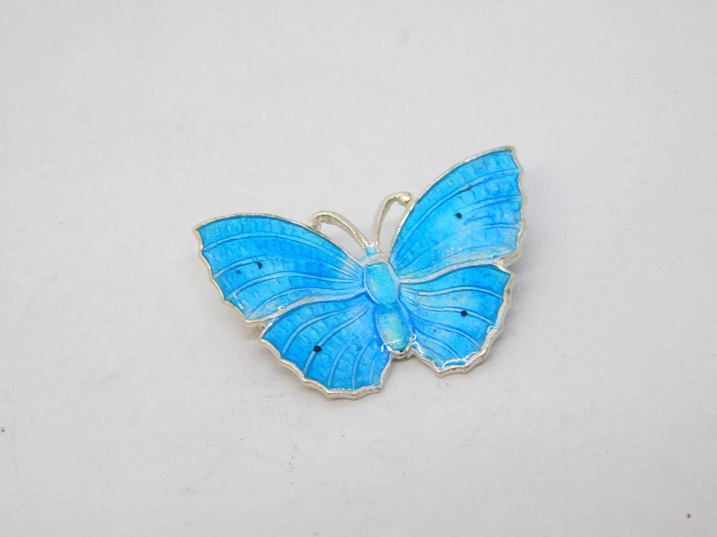 Sterling Silver Blue Guilloche Enamel Butterfly Brooch Antique c1920 Art Deco