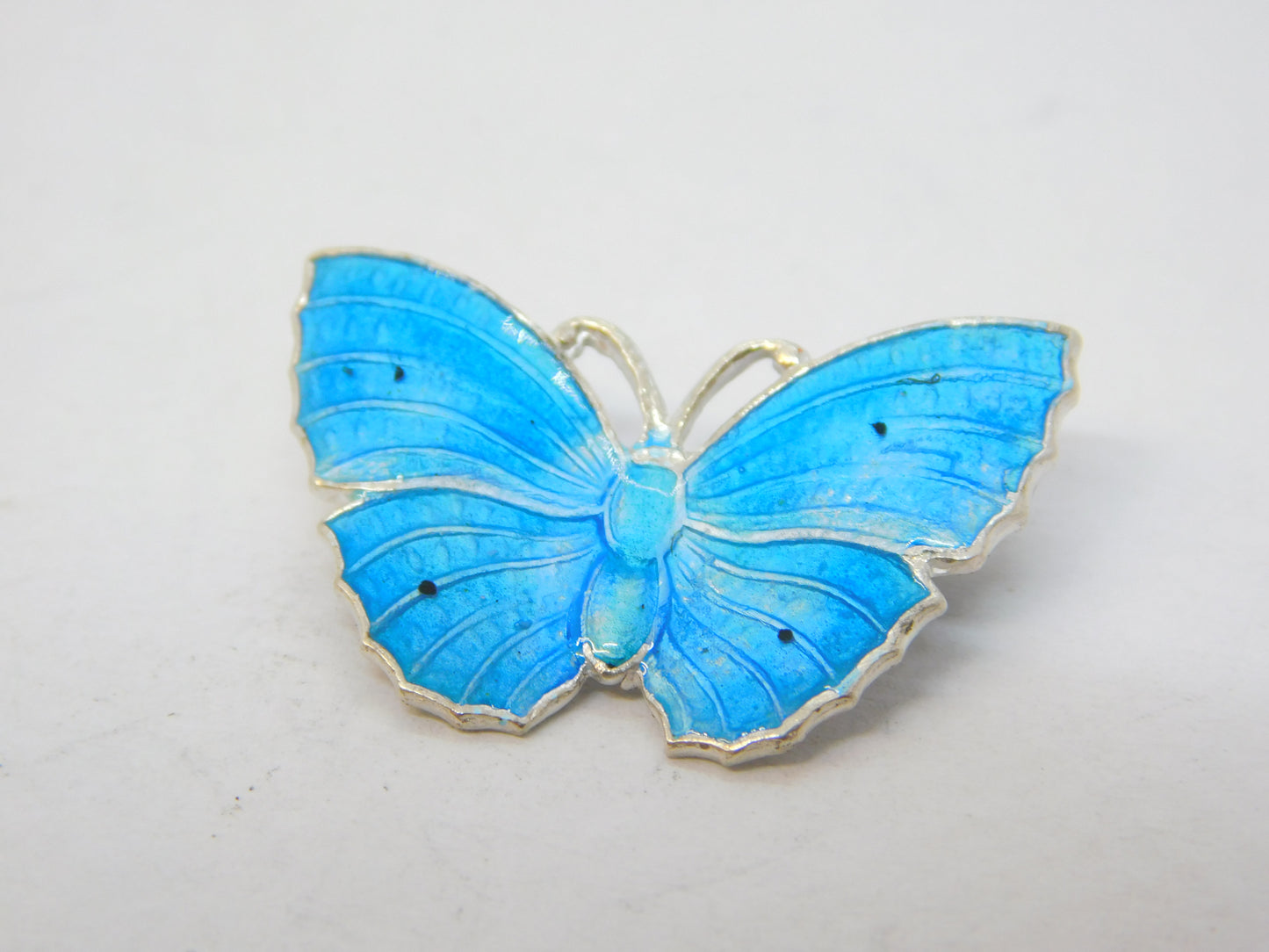 Sterling Silver Blue Guilloche Enamel Butterfly Brooch Antique c1920 Art Deco