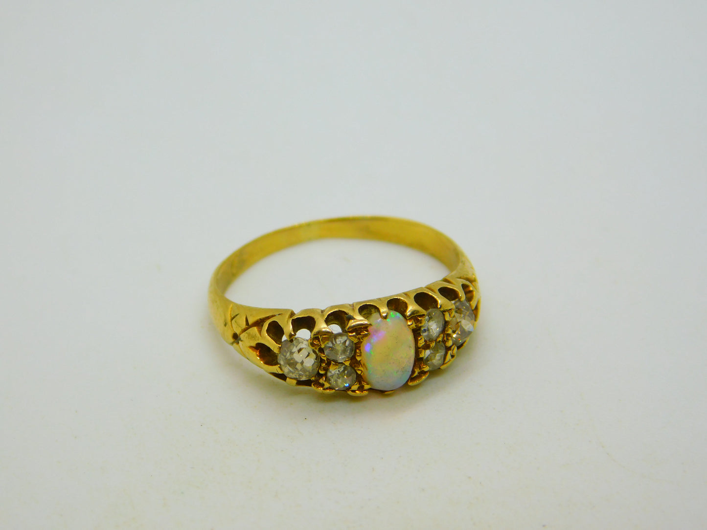 Victorian 18ct Yellow Gold, Cabochon Opal & 0.4ct Diamond Boat Ring Antique