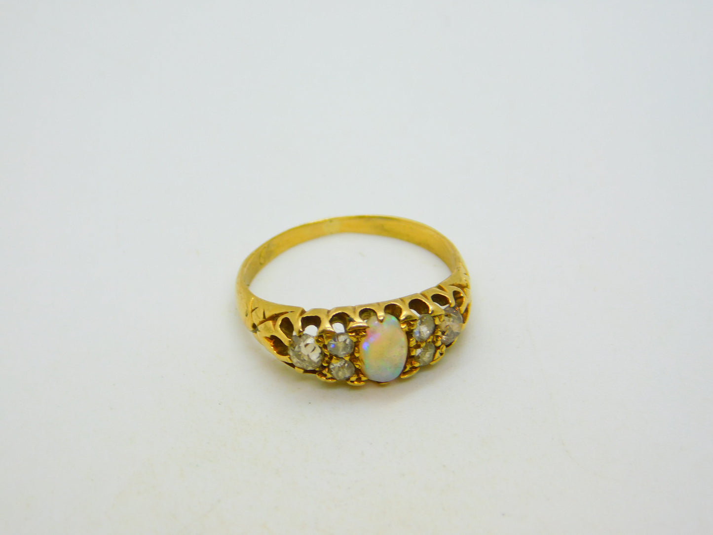 Victorian 18ct Yellow Gold, Cabochon Opal & 0.4ct Diamond Boat Ring Antique
