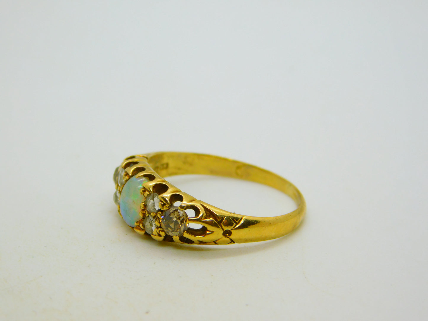 Victorian 18ct Yellow Gold, Cabochon Opal & 0.4ct Diamond Boat Ring Antique