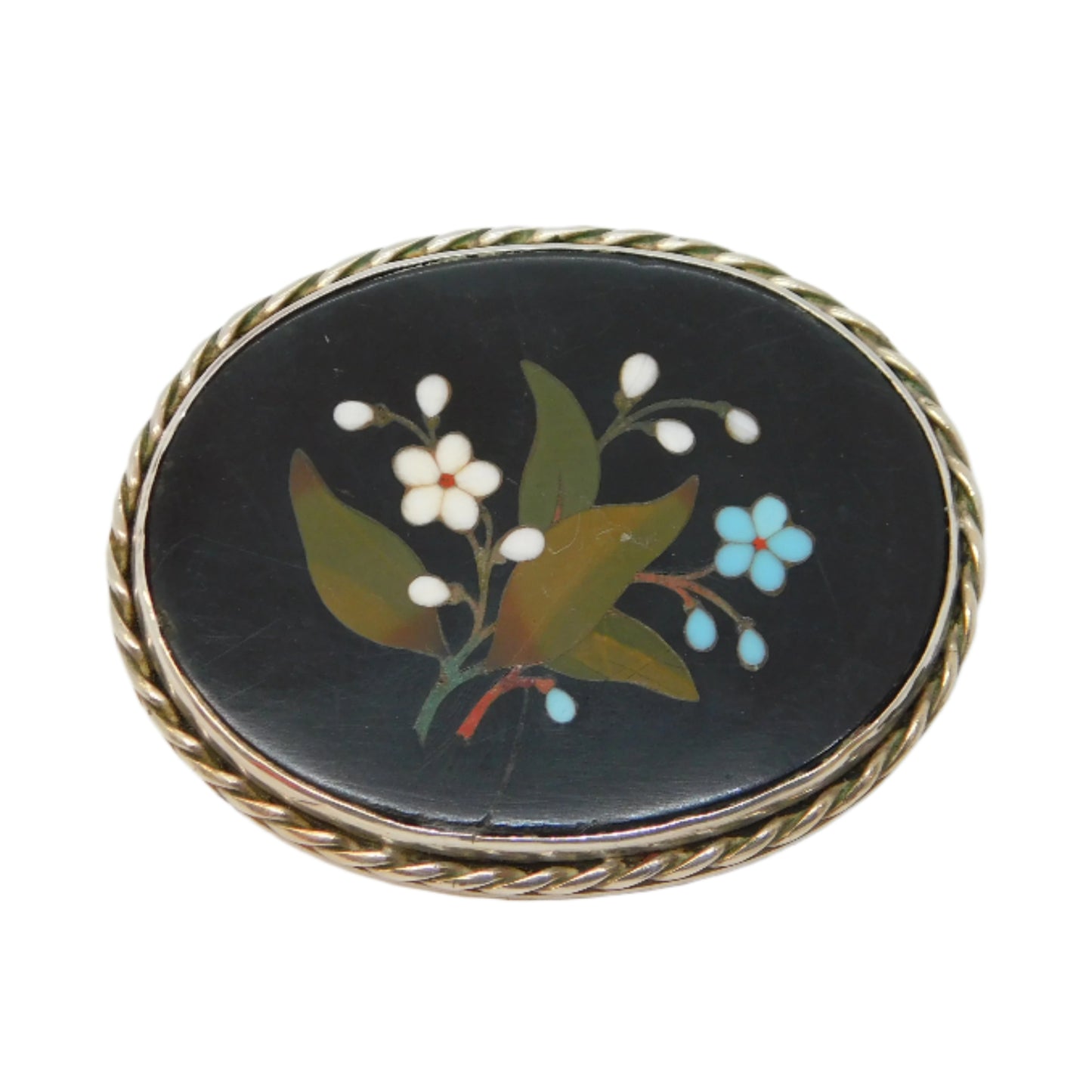 19th Century Sterling Silver Pietra Dura Floral Mosaic Brooch Antique c1860