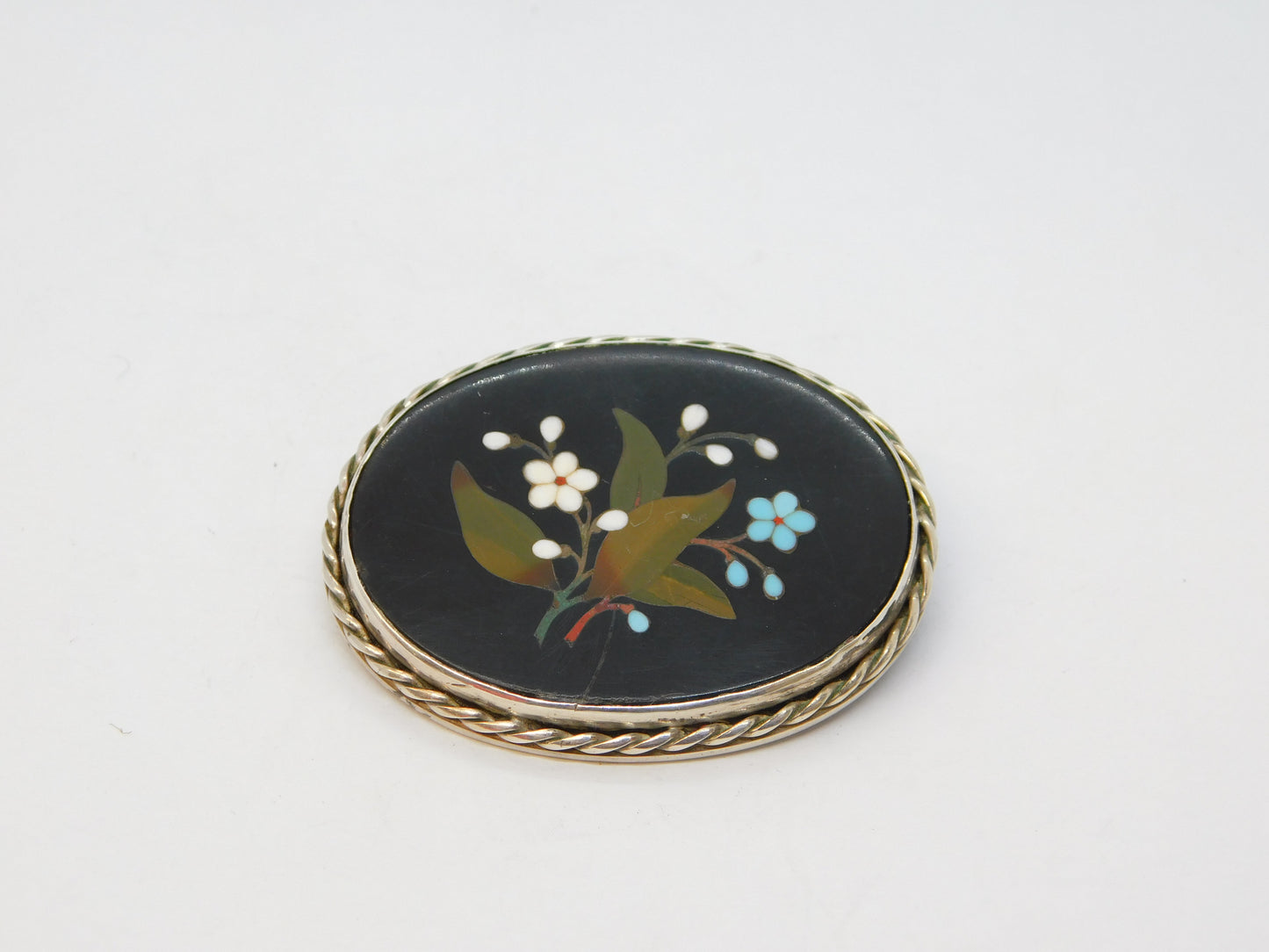 19th Century Sterling Silver Pietra Dura Floral Mosaic Brooch Antique c1860