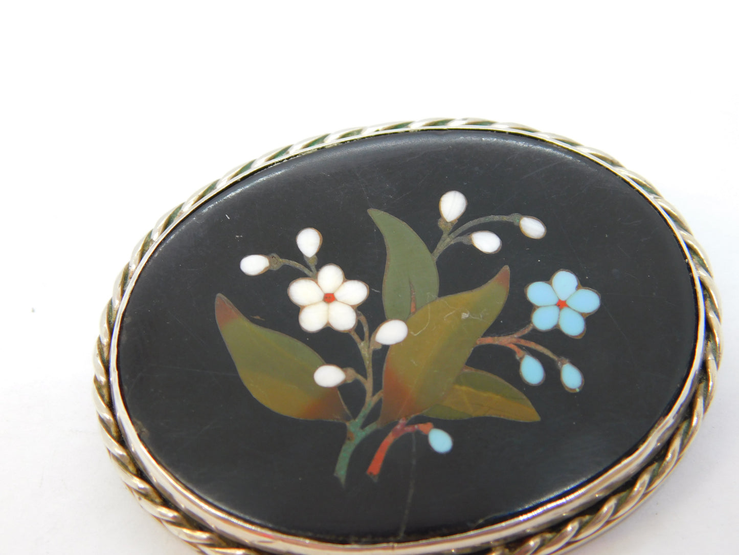 19th Century Sterling Silver Pietra Dura Floral Mosaic Brooch Antique c1860