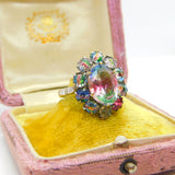 Sterling Silver Faceted Iris Glass Set Floral Cluster Ring c1930 Antique Deco