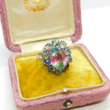 Sterling Silver Faceted Iris Glass Set Floral Cluster Ring c1930 Antique Deco