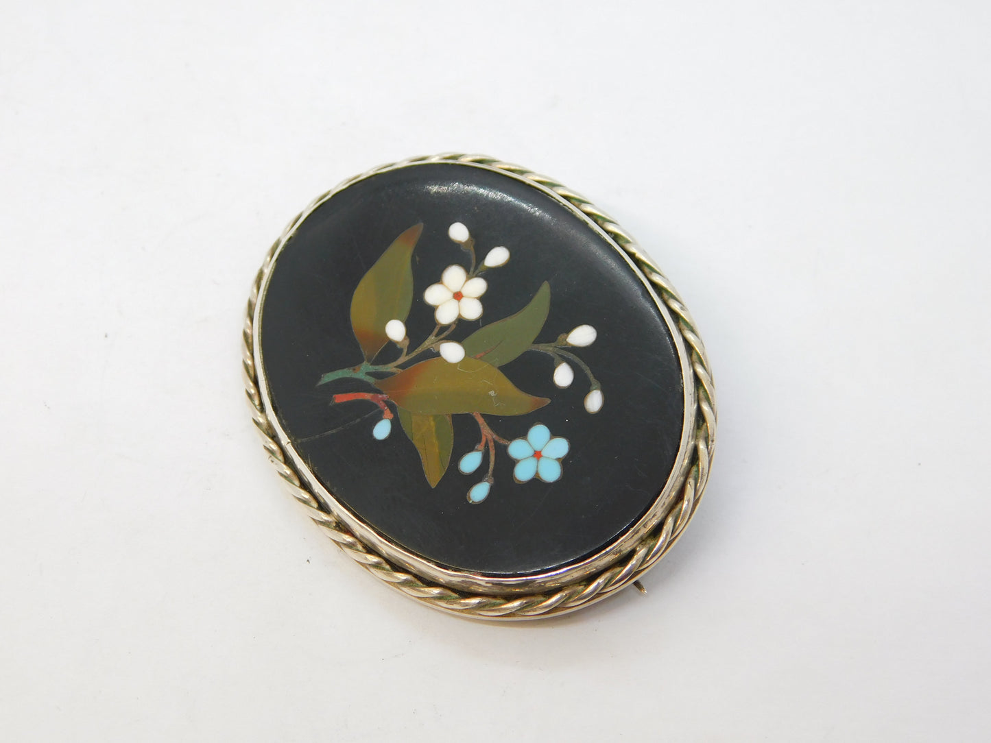 19th Century Sterling Silver Pietra Dura Floral Mosaic Brooch Antique c1860