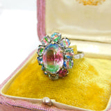 Sterling Silver Faceted Iris Glass Set Floral Cluster Ring c1930 Antique Deco