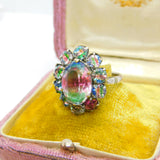 Sterling Silver Faceted Iris Glass Set Floral Cluster Ring c1930 Antique Deco