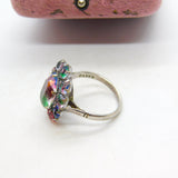Sterling Silver Faceted Iris Glass Set Floral Cluster Ring c1930 Antique Deco