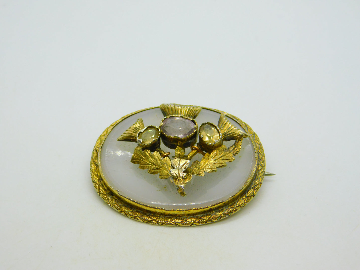 Victorian Sterling Silver Gilt & Chalcedony Scottish Sweetheart Brooch Antique c1880