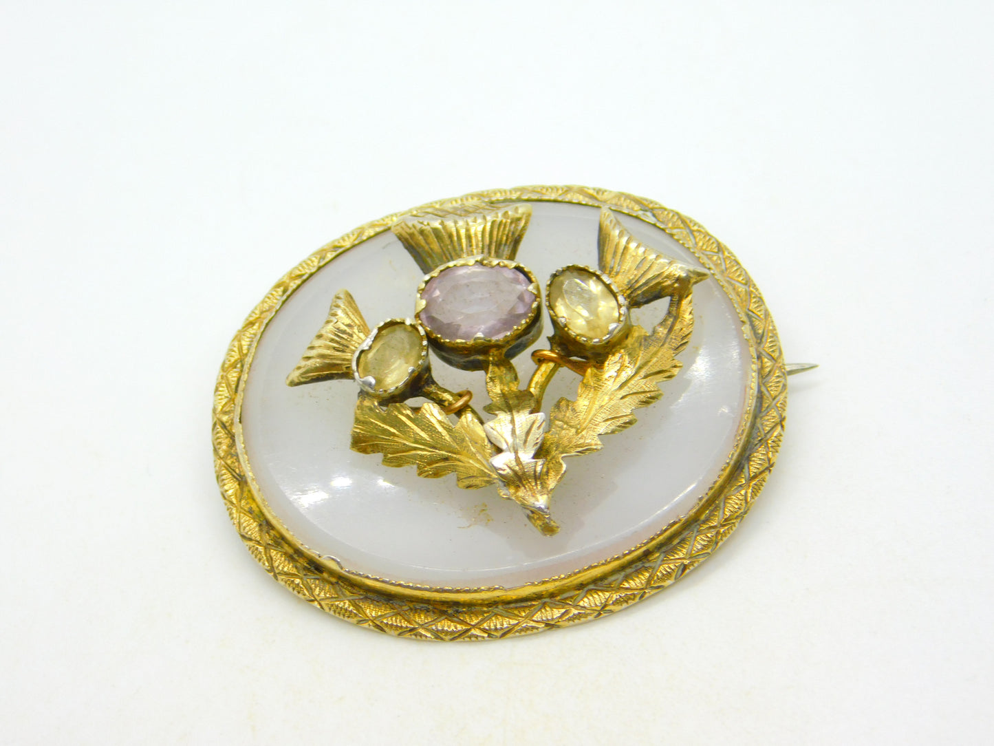 Victorian Sterling Silver Gilt & Chalcedony Scottish Sweetheart Brooch Antique c1880