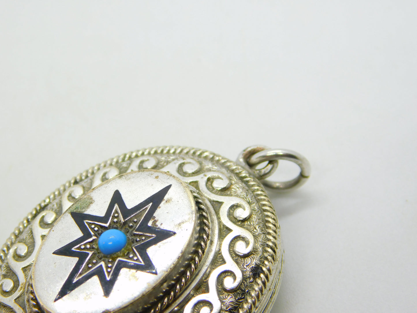 Victorian Silver Plated, Black Enamel & Turquoise Mourning Locket Antique c1860