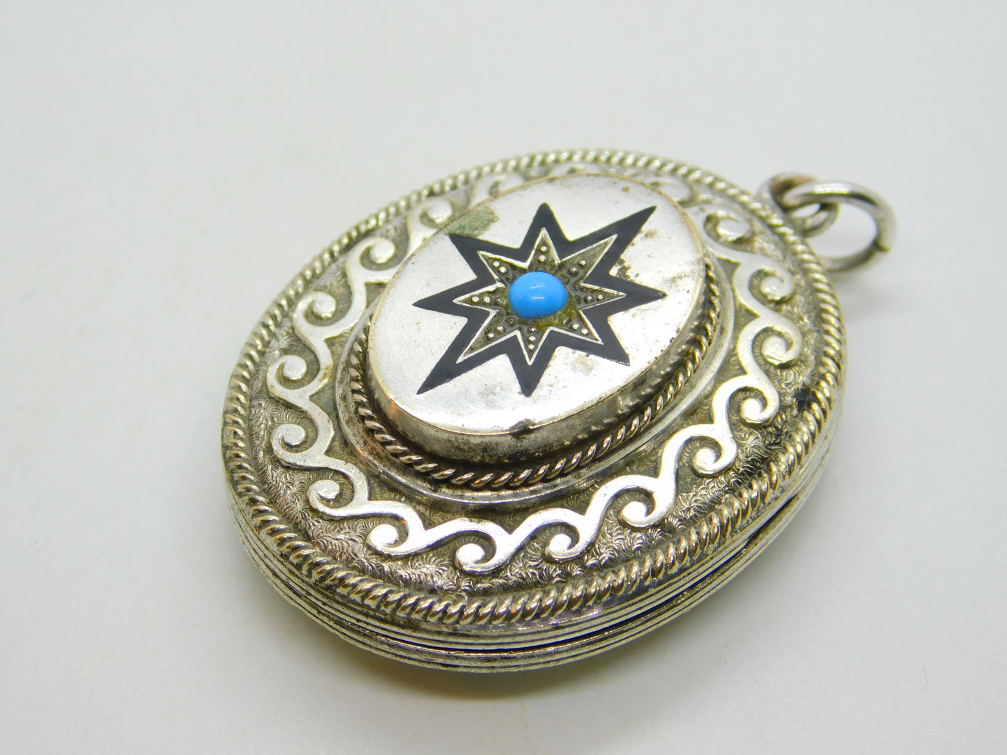 Victorian Silver Plated, Black Enamel & Turquoise Mourning Locket Antique c1860