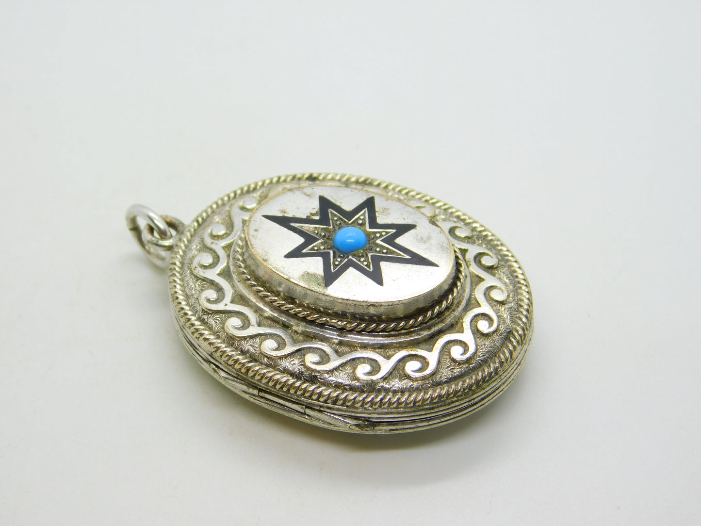 Victorian Silver Plated, Black Enamel & Turquoise Mourning Locket Antique c1860