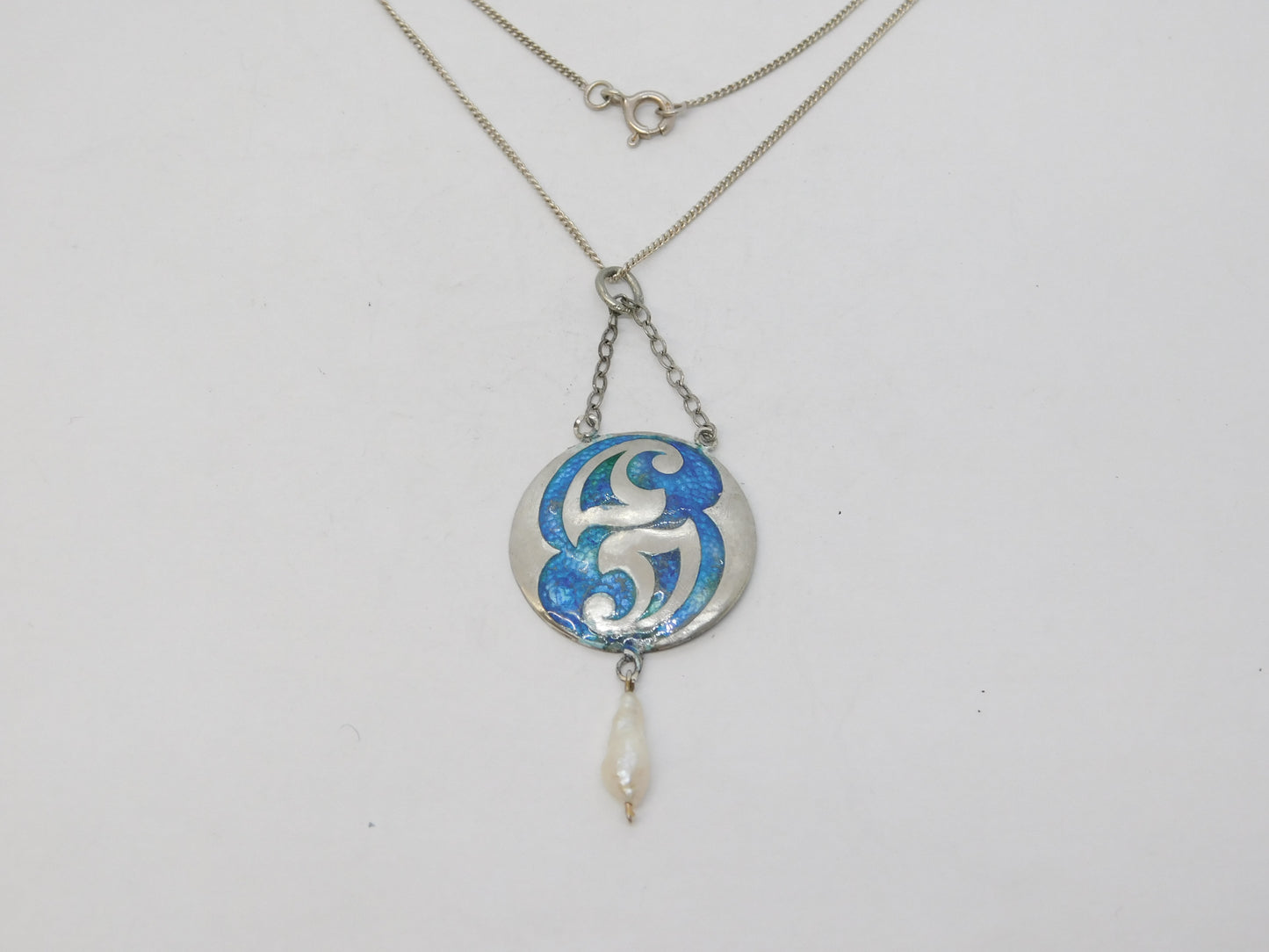 Art Nouveau Sterling Silver Guilloche Enamel, Pearl Drop Necklace Antique 1909 Birmingham