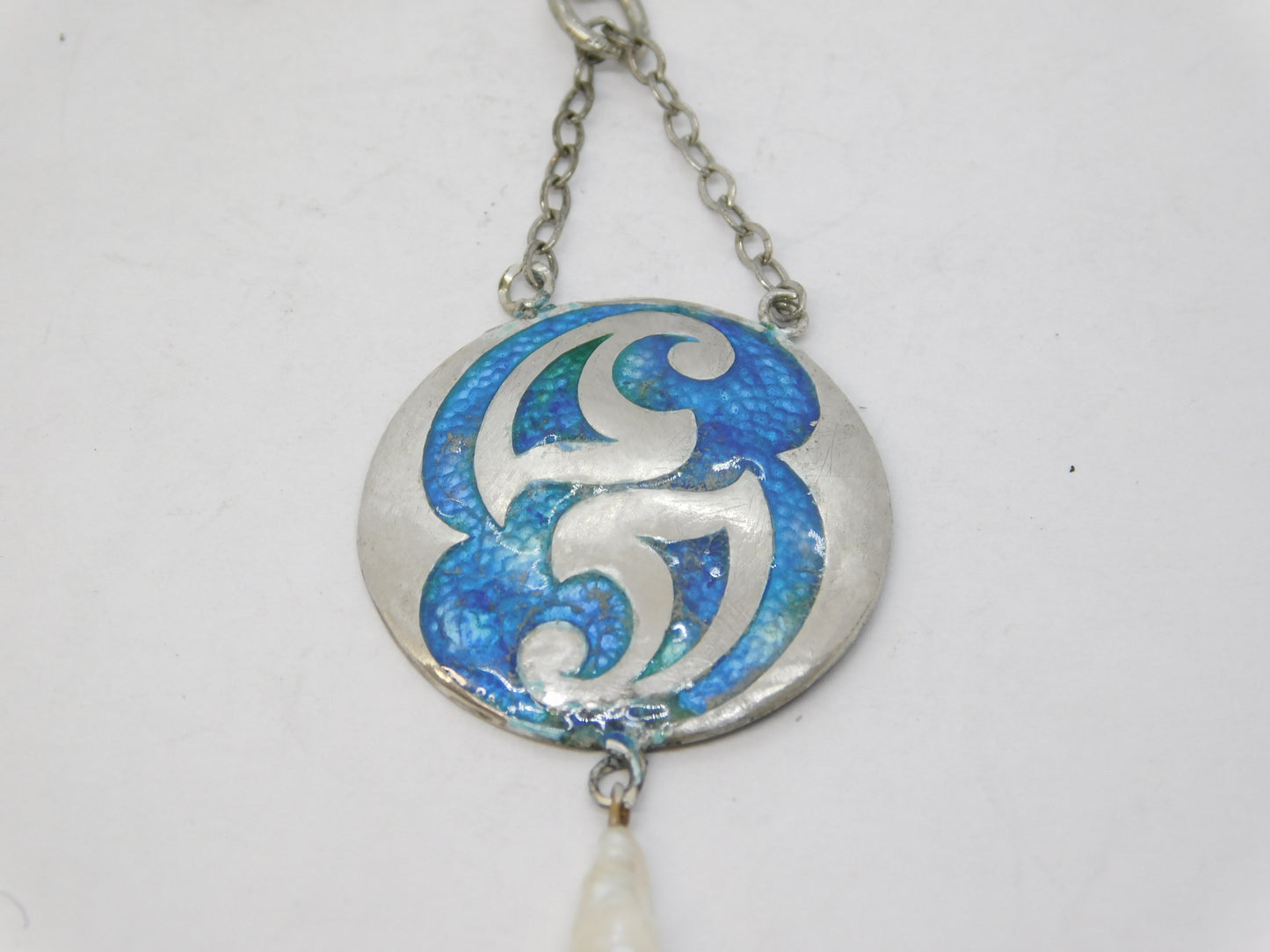 Art Nouveau Sterling Silver Guilloche Enamel, Pearl Drop Necklace Antique 1909 Birmingham