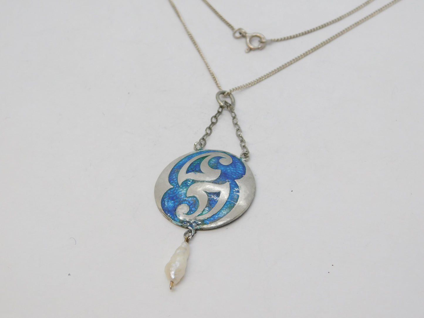 Art Nouveau Sterling Silver Guilloche Enamel, Pearl Drop Necklace Antique 1909 Birmingham