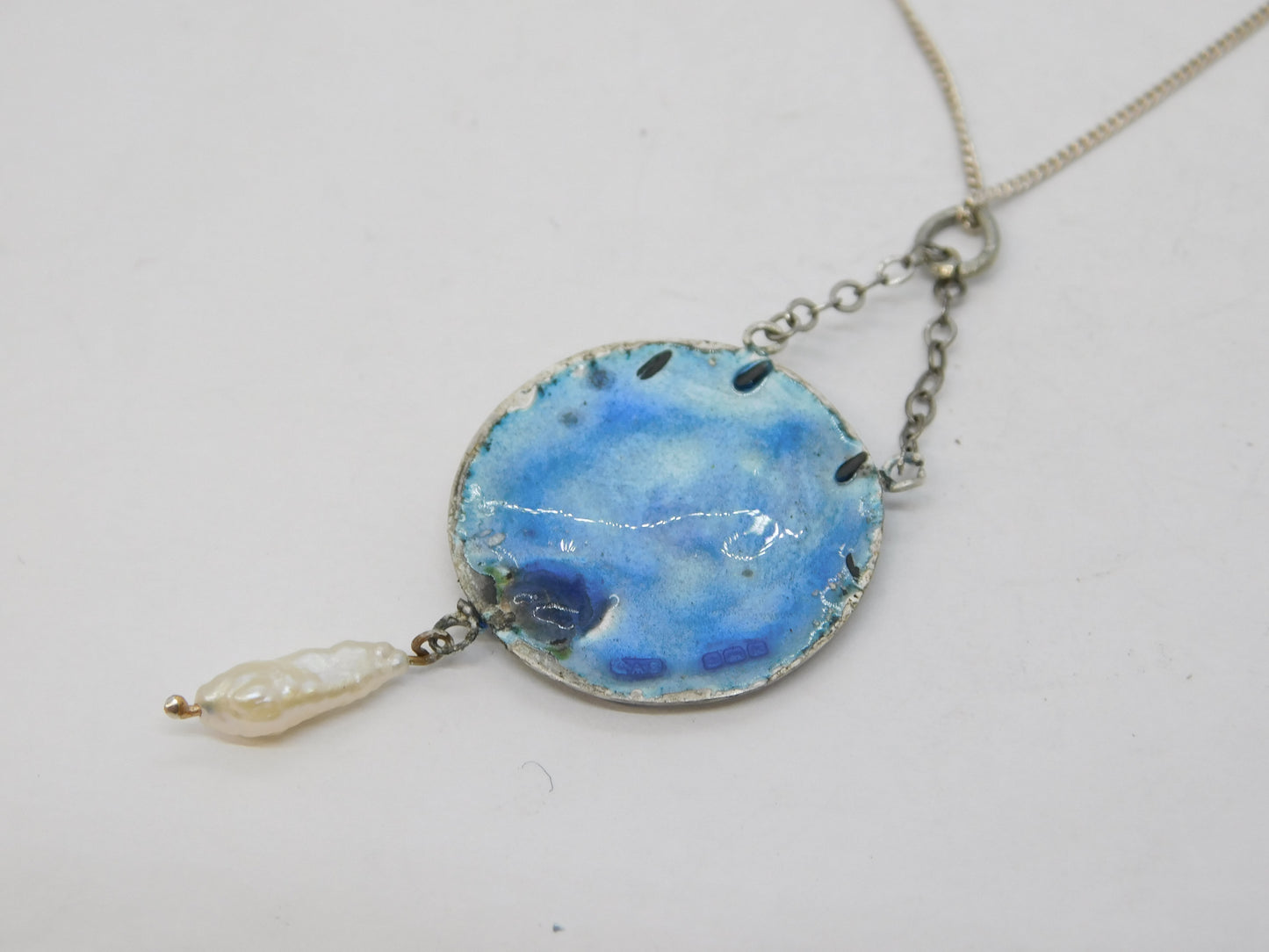 Art Nouveau Sterling Silver Guilloche Enamel, Pearl Drop Necklace Antique 1909 Birmingham