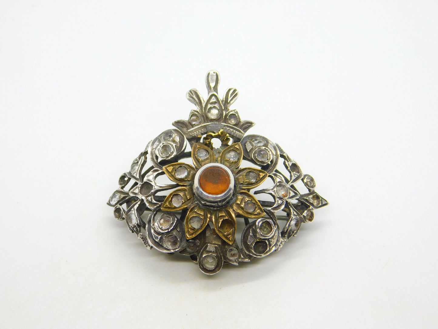 18th Century Iberian Sterling Silver & Gold Paste Set Floral Brooch Antique