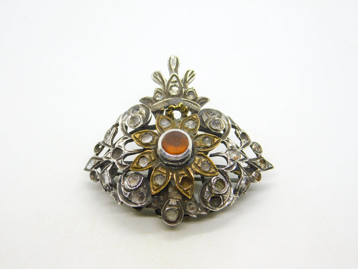18th Century Iberian Sterling Silver & Gold Paste Set Floral Brooch Antique