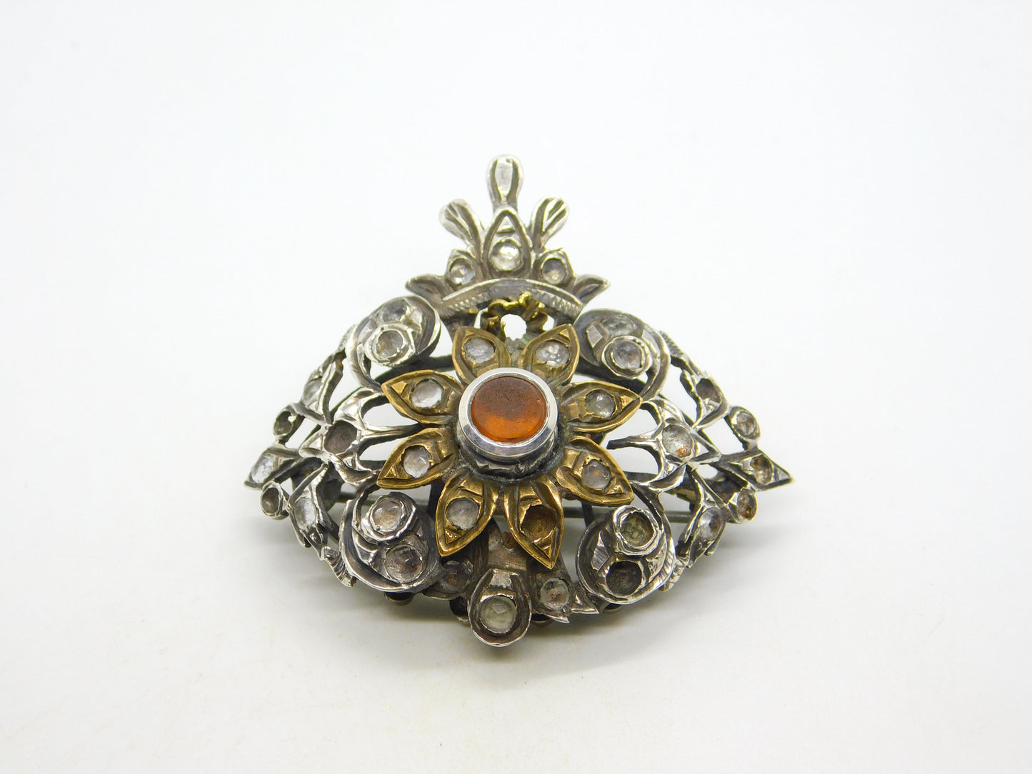 18th Century Iberian Sterling Silver & Gold Paste Set Floral Brooch Antique