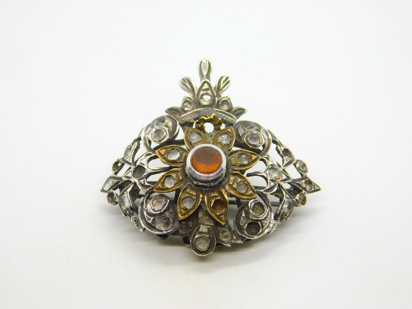 18th Century Iberian Sterling Silver & Gold Paste Set Floral Brooch Antique