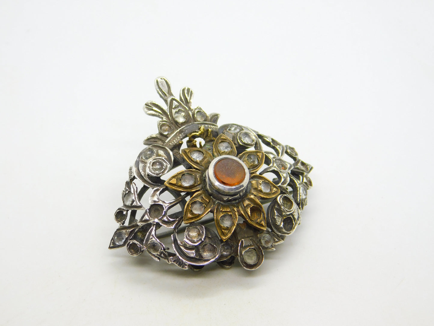 18th Century Iberian Sterling Silver & Gold Paste Set Floral Brooch Antique