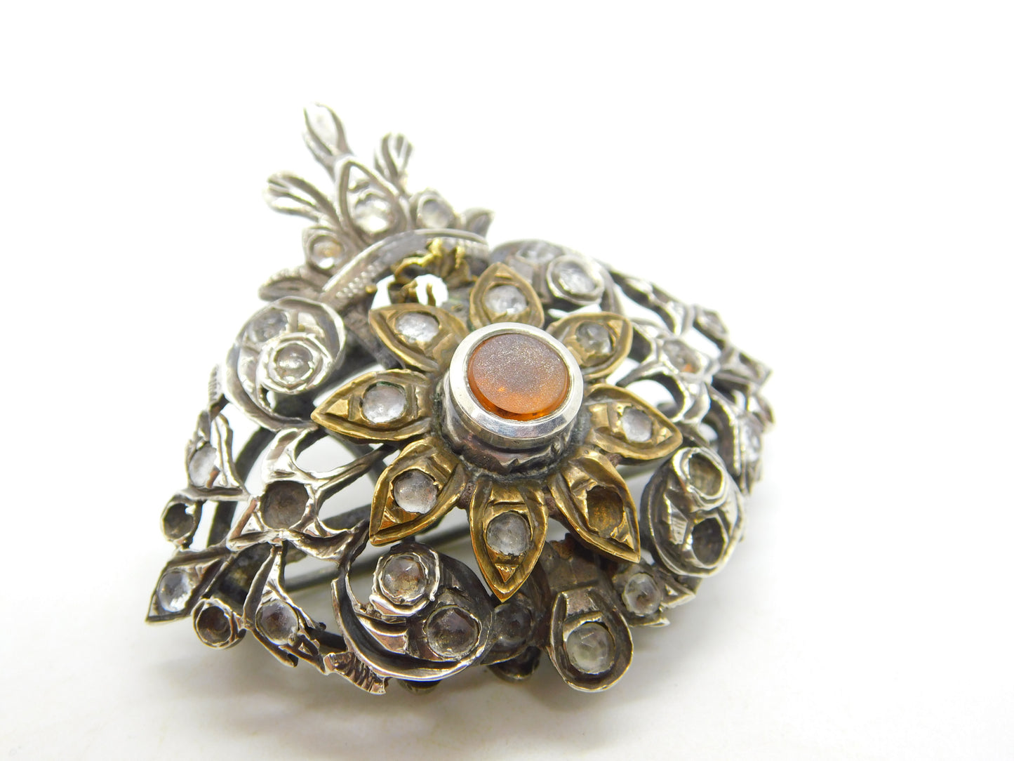 18th Century Iberian Sterling Silver & Gold Paste Set Floral Brooch Antique