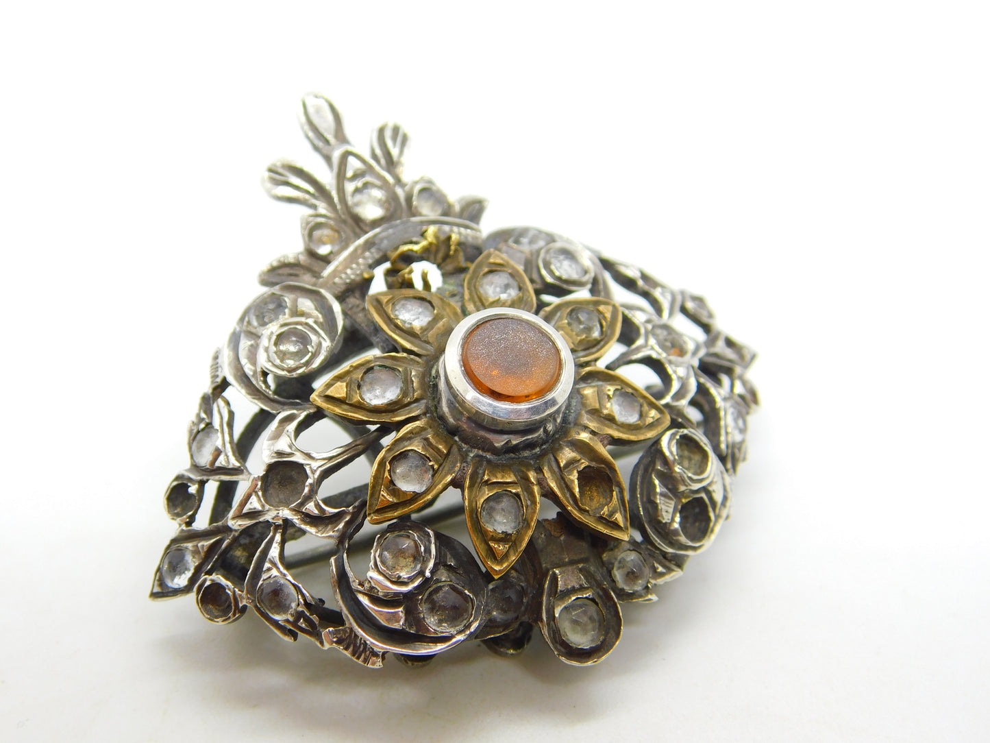 18th Century Iberian Sterling Silver & Gold Paste Set Floral Brooch Antique