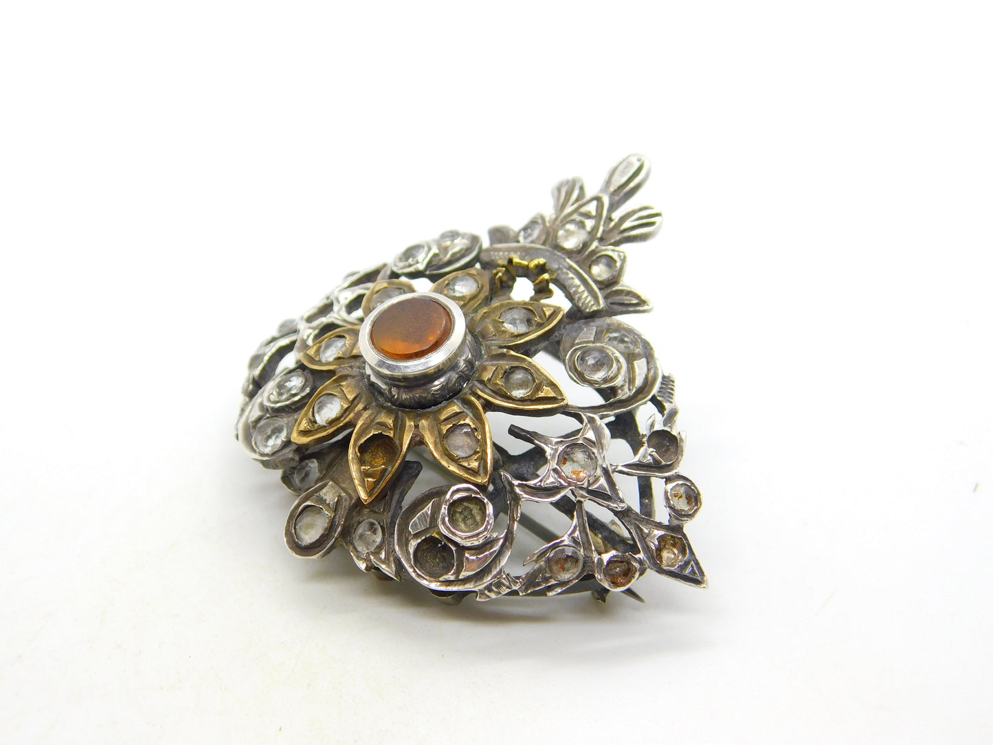 18th Century Iberian Sterling Silver & Gold Paste Set Floral Brooch Antique